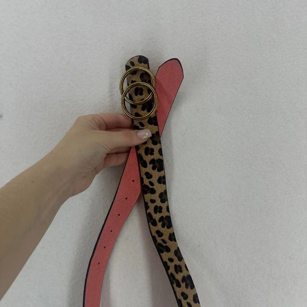 Vintage Y2K Leopard Print Double Ring Belt Faux Pony Hair Pink Statement Belt